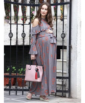 Mine4Nine Design Printed Full Sleeves Maxi Maternity Dress - Grey
