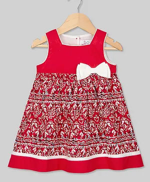 Young Birds Printed Sleeveless Bow Dress - Red