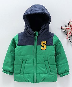 Babyhug Full Sleeves Hooded Padded Jacket - Green Navy Blue