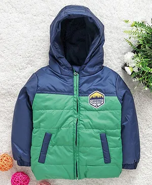 Babyhug Full Sleeves Hooded Padded Jacket Camping Patch - Blue Green