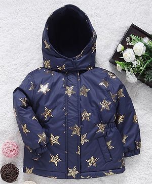 Babyhug Full Sleeves Hooded Jacket Star Print - Navy Blue