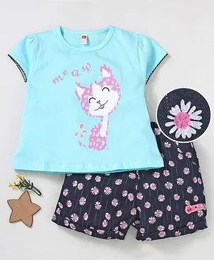 Dew Drops Short Sleeves Top With Shorts Kitty Print - Blue