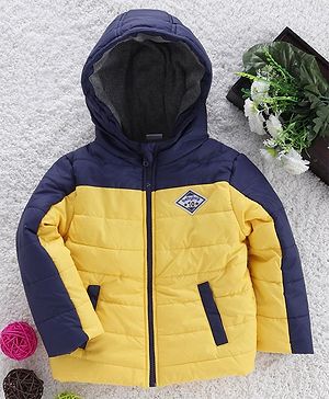 Babyhug Full Sleeves Hooded Padded Jacket Numeric 10 Patch - Yellow Navy Blue - 9-12 M