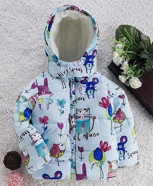 Babyhug Full Sleeves Hooded Padded Jacket Animal Print - Sky Blue