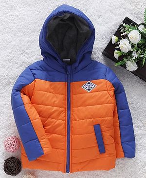 Babyhug Full Sleeves Hooded Padded Jacket Numeric 10 Patch - Orange Blue