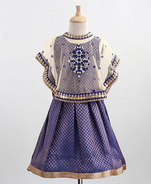 Babyoye Sleeveless Embroidered Ethnic Dress With Net Cape - Navy Blue