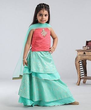 Babyhug Singlet Choli And Silk Lehenga With Dupatta Embellished - Pink Mint - 18-24m Pink