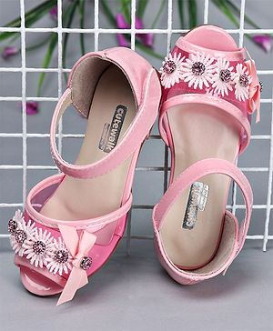 Cute Walk by Babyhug Party Wear Peeptoes Studded Floral Motifs - Pink