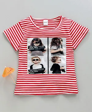 Meng Wa Half Sleeves Striped Top Graphic Print - Red