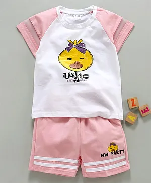 Meng Wa Half Sleeves Tee & Shorts Chicken Print - Pink