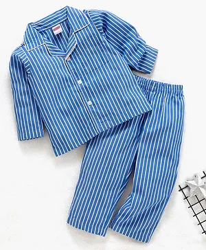 Babyhug Cotton Striped Woven Night Suit  -  Blue