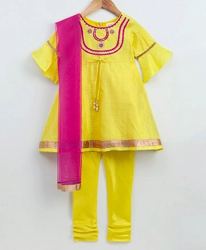 Babyoye Half Sleeves Cotton Kurti With Churidar & Dupatta - Yellow