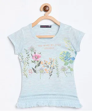 Ziama Short Sleeves Flower Design Top - Light Blue