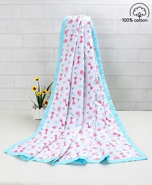 Babyhug Premium 3 Layered Lightweight Baby Muslin Blanket Giraffe Print - Blue