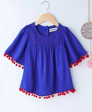Soul Fairy Half Sleeves Embroidered Yoke Pom Pom Decorated Top - Blue