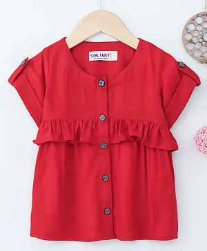 Soul Fairy Solid Ruffle Short Sleeves Top - Red
