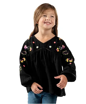 Cherry Crumble by Nitt Hyman Flower Embroidered Full Sleeves Top - Black
