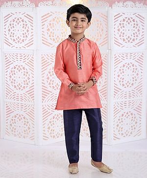 Babyhug Full Sleeves Kurta And Pyjama Floral Embroidery - Peach Royal Blue