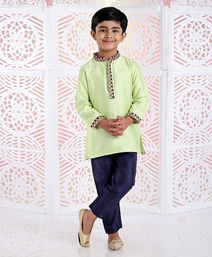 Babyhug Full Sleeves Kurta And Pyjama Floral Embroidery - Green Royal Blue