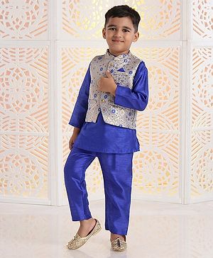 Babyhug Solid Kurta & Pyjama With Jacket Floral Design - Royal Blue