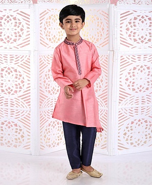 Babyhug Full Sleeves Asymmetrical Kurta And Pyjama Embroidered - Pink Navy Blue - 2-3y Pink