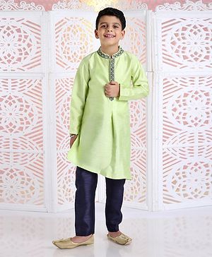 Babyhug Full Sleeves Asymmetrical Kurta And Pyjama Embroidered -  Green Navy Blue - 2-3y Green