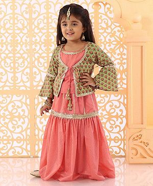 Babyhug Bell Sleeves Lehenga and Choli with Mock Ethnic Jacket Floral Print - Green Orange - 4-5y Orange