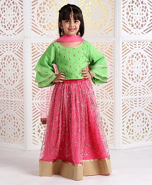 Babyhug Lehenga & 3/4 Sleeves Embroidered Choli Set With Dupatta - Green