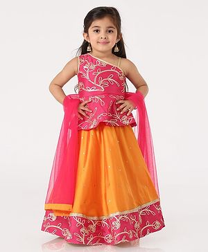 Babyhug One Shoulder Zari Embroidered Bluse & Lehenga Set - Fuchsia Orange