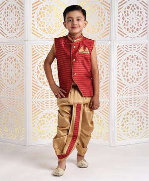 Babyhug Sleeveless Jacket & Dhoti Set Zari Work - Maroon Golden - 4-5Y Maroon