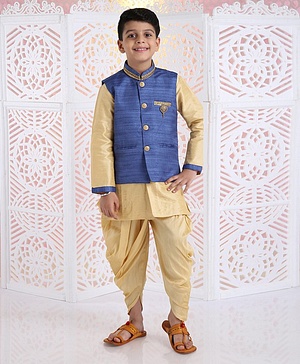 Babyhug Full Sleeves Kurta Pyjama And Dhoti With Jacket - Blue Golden