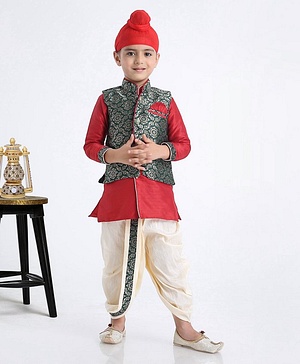 Babyhug Full Sleeves Kurta & Dhoti With Zardosi Jacket - Red