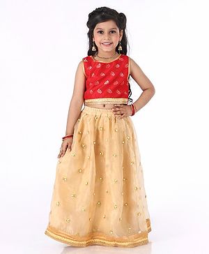 Babyhug Sleeveless Choli with Lehenga Floral Embroidery - Red Golden - 4-5Y Red