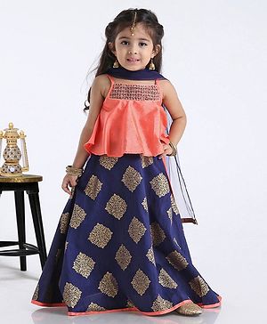 Babyhug Singlet Choli With Block Printed Lehenga Sequin Work - Navy Blue Pink