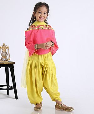 Babyhug Bell Sleeves Top And Salwaar With Dupatta Stone Embellished & Embroidered - Pink Yellow