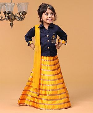 Babyhug Three Fourth Sleeves Choli With Striped Lehenga & Dupatta Embellished - Navy Yellow