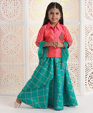 Babyhug Three Fourth Sleeves Choli With Lehenga & Dupatta Zardosi Design - Orange