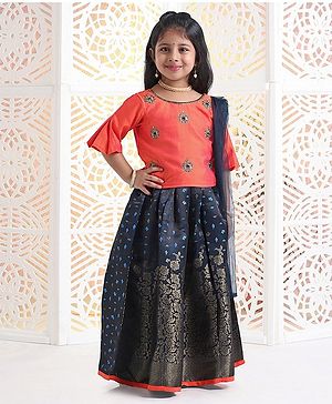 Babyhug Bell Sleeves Choli And Lehenga With Dupatta Zardosi Work - Coral Blue