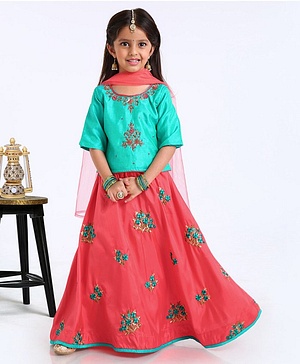 Babyhug Half Sleeves Choli And Lehenga With Dupatta - Green Orange