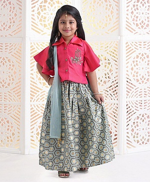 Babyhug Angel Sleeves Jardosi Work Choli With Lehenga & Dupatta Abstract Print - Pink Grey