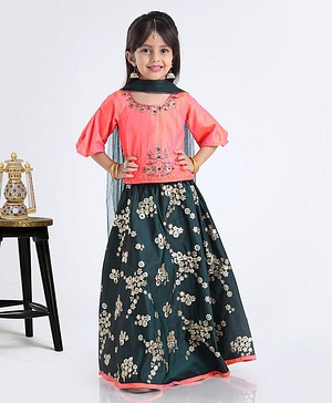 Babyhug Half Sleeves Floral Embellished Lehenga Set - Dark Green Coral - 18-24m Peach