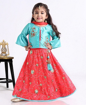 Babyhug Bell Sleeves Choli And Lehenga With Dupatta - Blue Pink