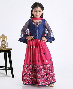 Babyhug Full Sleeves Floral Embroidered Lehenga Set - Navy Blue Pink