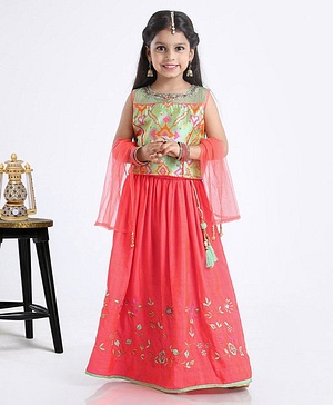 Babyhug Sleeveless Floral Embroidered Lehenga Set - Dark Pink Green