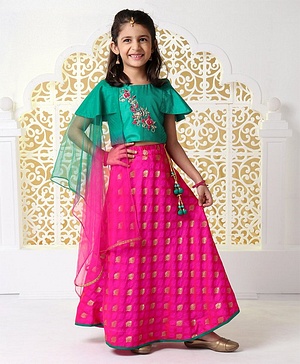 Babyhug Brocade Lehenga With Embroidered Flutter Sleeves Choli & Dupatta - Pink Green