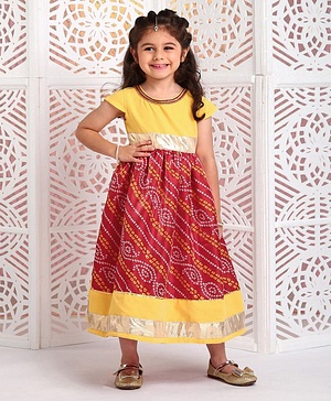 Babyhug Cap Sleeves Ethnic Dress Baandhani Print - Yellow Red - 18-24m Yellow