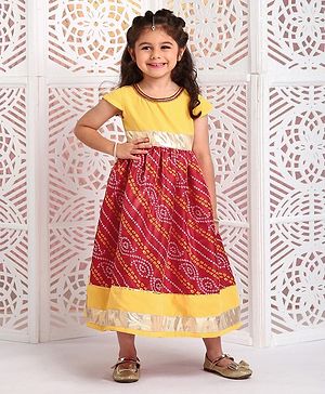 Babyhug Cap Sleeves Ethnic Dress Baandhani Print - Yellow Red