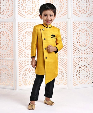 Babyhug Full Sleeves Sherwani With Pocket Square - Yellow