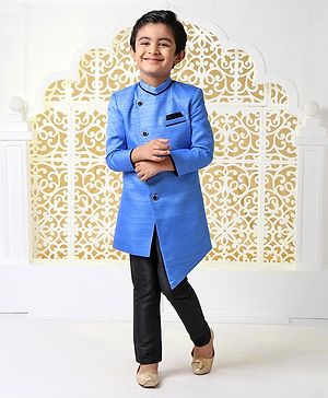 Babyhug Full Sleeves Sherwani With Pocket Square - Blue