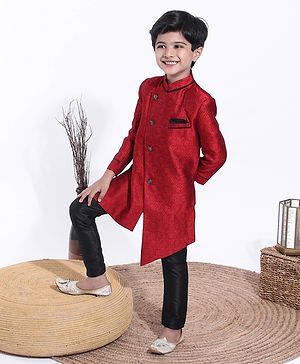 Babyhug Full Sleeves Abstract Woven Asymmetric Sherwani - Marroon Black